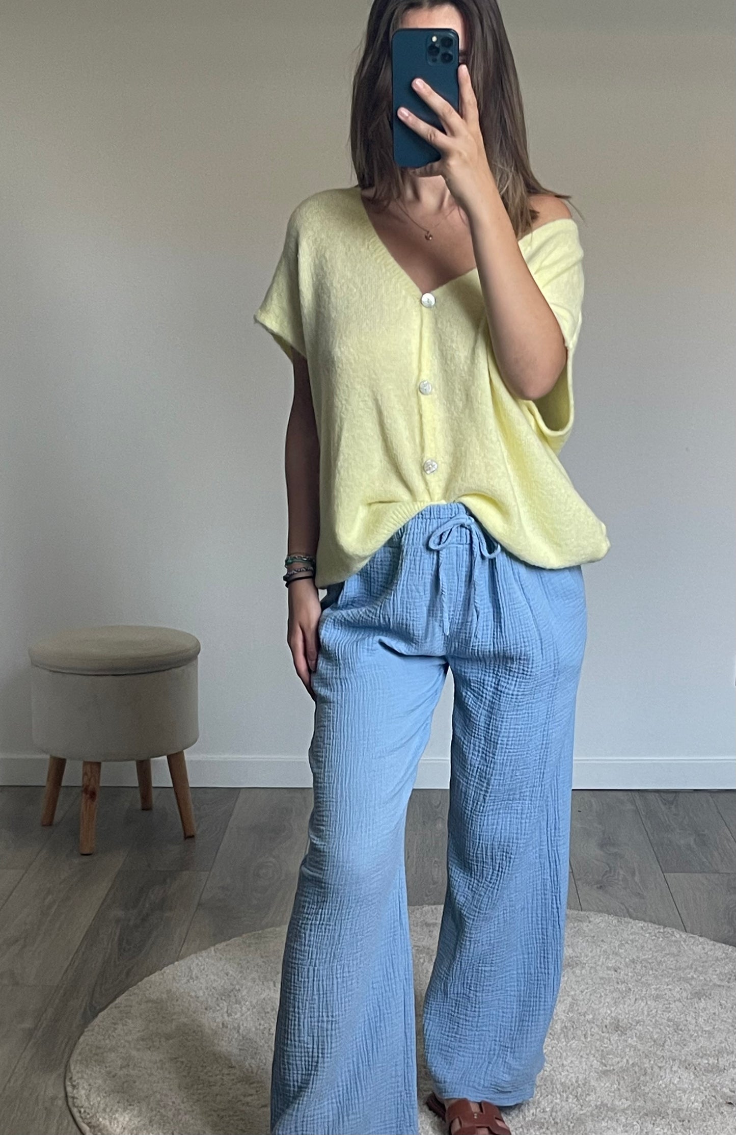 PANTALON GAZE DE COTON BLEU CIEL ELISE