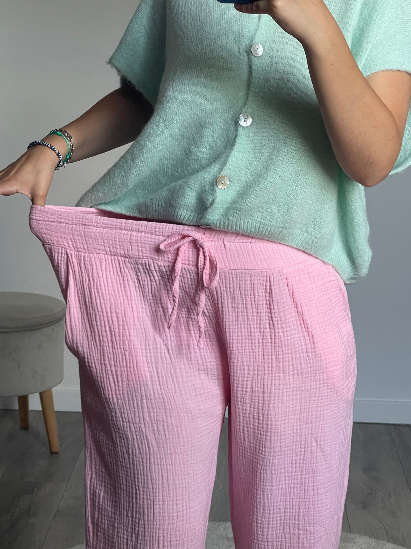 PANTALON EN GAZE DE COTON ROSE BONBON THALIE