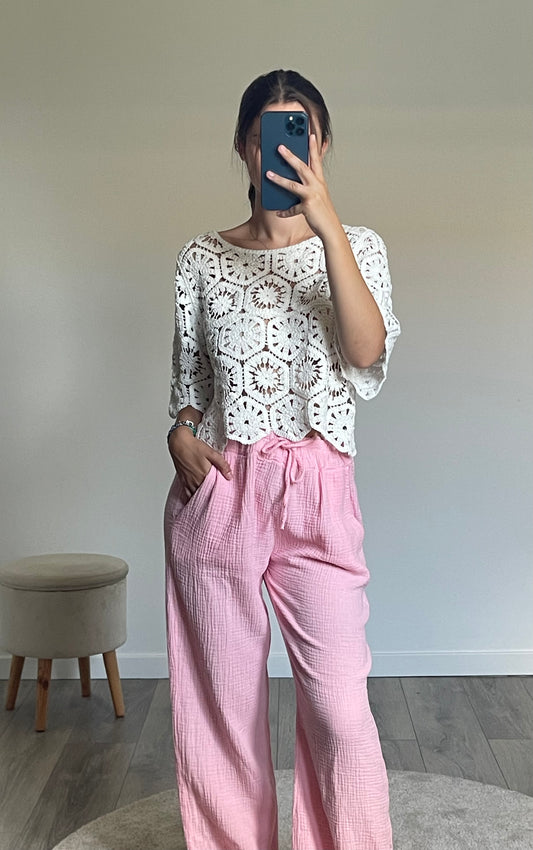 PANTALON EN GAZE DE COTON ROSE BONBON THALIE