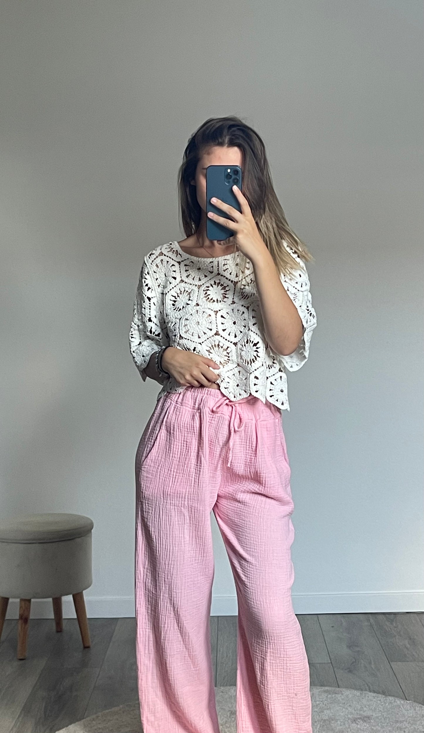 PANTALON EN GAZE DE COTON ROSE BONBON THALIE